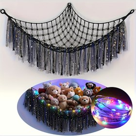 Resim 59 inç LED Işıklı Peluş Hayvan Hamak Ağı - Renkli Püsküllü, Pille Çalışan Asılı Oyuncak Saklama Çözümü - Bebek Odası, Çocuk Odası Dekoru (AA Piller Dahil Değildir), Peluş Hayvanlar İçin Oyuncak Hamak, Pille Çalışan Işıklar, Cadılar Bayramı ve Noel İçin Dekoratif Püsküller 