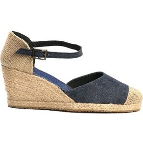 Resim Burnu Hasır Dolgu Topuk Kot Mavi Bayan Keten Hasır Espadril Mavi 