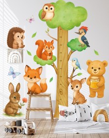 Resim Sulu Boya Orman Dostları XL Boy Ölçer Duvar Sticker - Çocuk Odası Dekoru - 114x70 cm / Renkli / Orman Hayvanları Temalı 