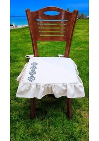 Resim El Yapımı Buldan Yıkanmıs Keten Motif Kanaviçe Nakıslı Fırfırlı Sandalye Minderi Naturel 