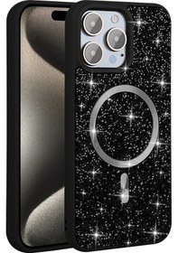 Resim Apple Uyumlu iPhone Adige İphone 15 Pro Max Uyumlu Kılıf Parlak Taşlı Pırlanta Mozaik Siyah + Ekran Koruyucu - 