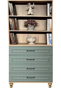 Resim Gülsün Çekmeceli Şifonyer Ve Kitaplık Set Küf Yeşili Renk Mdf Gürgen Ağacı Ayaklı Diğer 