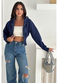 Resim Kadın Siyah Fermuarlı Hoodie Minimal Sokak Ruhuyla Lacivert 