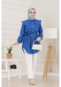 Resim Sevitli Beli Bağcık Detaylı Geniş Yaka Tunik-indigo-4994 Indigo 