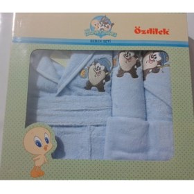 Resim Özdilek Tazmanya Mavi Yenidoğan Nakışlı Bambu Bebek Bornoz Seti 