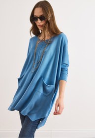 Resim Olalook Kadın Mavi Çift Cepli Oversize Yırtmaçlı Uzun Triko Tunik TNK-19000106 