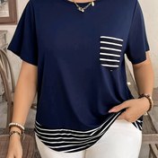 Resim Büyük Beden - Kadınlar için Büyük Beden Zarif Çizgili T-Shirt Cep Detaylı - Kısa Kollu, Yuvarlak Yaka, Hafif Polyester Karışımı, Bahar/Yaz Rahat Giyim, Beyaz ve Gri Çizgiler, Makinede Yıkanabilir, Bayan T-Shirt'ler 