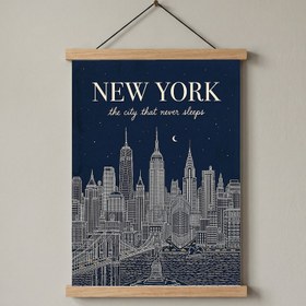 Resim New York Line Art Print - Navy Manhattan Skyline Empire State Brooklyn Bridge Wall Art - With Hanger - Wood / 12 x 16" (30x40 cm) 