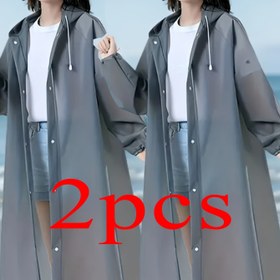 Resim 2 Adet Kadın Kalın Rüzgar Geçirmez Yüksek Kalite EVA Tam Vücut Yağmurluklar - Koyu Gri Kapüşonlu Açık Hava Yürüyüş ve Bisiklet Yağmur Giysisi Ayarlanabilir İpli Kapüşon, Düğmeli Ön, Hafif Taşınabilir Tasarım 