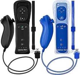 Resim NC 2Pack Motion Plus Wii Controllers with Nunchucks,Wii Remote Controllers with Built in Motion Plus, Compatible for Nintendo Wii and Wii U Console, with Silicone Case and Wrist Strap Black+Blue 