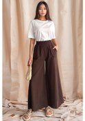 Resim Kadın Bel Lastikli Cepli Bol Paça Koton Kahve Pantolon Kahve 