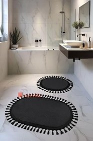 Resim My Evilla Modern Simirna Dekoratif Peluş Oval 60x100-50x60 Ponpon Saçaklı Klozet Takımı Antrasit 