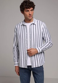 Resim Regular Fit Shirt Neck Çizgili Erkek Mavi Uzun Kol Gömlek Colin's