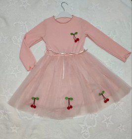 Resim Alfa Expres 5-6-7 Yaş Kiraz Desenli Kurdela Kuşaklı Astarlı Uzun Kollu Kız Çocuk Tütü Elbise Somon SOMON 