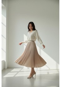 Resim Eren Style Pileli Pamuklu Dokuma Viskon Kışlık Etek 95 Cm - 38-48 CAMEL 