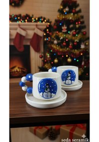 Resim El Yapımı Kardan Adam Yılbaşı Temalı Duble 2 Parçalı 2 Kişilik Seramik Kahve Fincanı Takımı 200 Ml. Beyaz - Mavi 