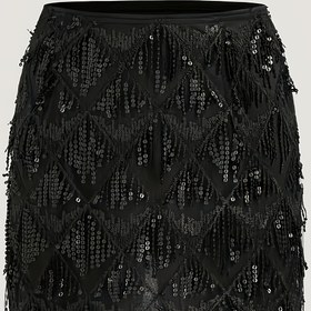 Resim Kadınlar için Şık Payetli Katlı Etek - Yüksek Bel, Püskül Detay, Esnek Polyester, Makinede Yıkanabilir, Siyah, Tüm Mevsimler İçin Mükemmel, Rahat Şık Kıyafet | Püskül Detaylı Etek | Parıltılı Payet 