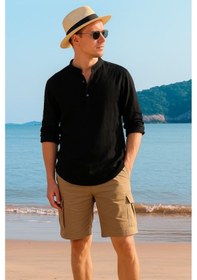 Resim Erkek Uzun Kollu Hakim Yaka Düğmeli Erkek Müslim Gömlek Siyah 