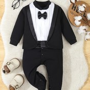 Resim Erkek Formal Tuxedo - Siyah Gömlek ile Kurdele, Uzun Kollu, Tek Düğmeli, Esnek Kumaş, Partiler ve Özel Günler için Mükemmel, Resmi Giyim, Şık Tarz, Zarif Tasarım, Pürüzsüz Doku, Açık Hava için 