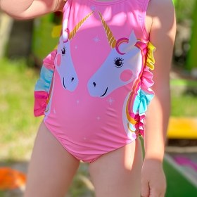 Resim Sevimli Kızlar için Tek Parça Unicorn Mayo, Fırfır Detaylı - Esnek Polyester/Elastan Karışımı, Makinede Yıkanabilir, Yaz Eğlencesi İçin Mükemmel 