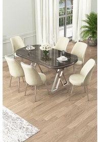 Resim Canisa Lai Serisi 90x168 Lak Panel Antrasit İroni Krom Ayak Masa Takımı 6 Krem Sandalye Antrasit İroni Masa Ve 6 Krom Ayak Krem Sandalye 