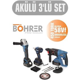 Resim Böhrer 3 Lü 258vf 5ah Şarjlı Kırıcı Delici -Taşlama -Vidalama +3 Batarya Set 