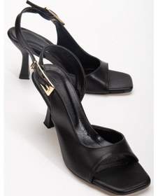 Resim Kadı Topuklu Sandalet Ayakkabı Siyah Cilt Yan Büyük Tokalı-4019 Siyah 