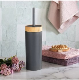 Resim Bersachef Limpia Bambu Desenli 5'li Banyo Seti Çöp Kovası Sıvı Sabunluk Diş Fırçalık Kutusu Banyo Seti Gri 