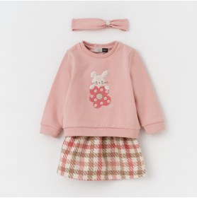 Resim İNDİGO KIZ BEBEK PEMBE MEVSİMLİK ELBİSE VE SWEATSHIRT BANDANA SETİ 23157 