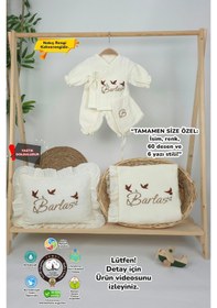Resim Gros Shop Müslin Yeni Doğan 4katlı Organik %100pamuk Kişiye Özgü Nakışlı Hastane Çıkış Seti 3'lü Kelebk Model Ekru-3 