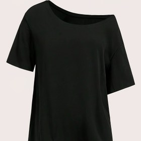 Resim Kadınların Büyük Boyutlu Düşen Omuzlu T-Shirt'i - Rahat ve Şık, Düz Renk, Kısa Kollu, Polyester Karışımı, Siyah, Çok Yönlü Moda Üstü|Zarif Tasarım|Örgü Dokusu 