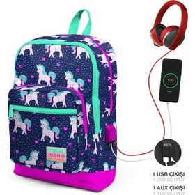 Resim Coral High Kids Lacivert Pembe Unicorn Desenli Dört Bölmeli USB Şarjlı Kulaklık Çıkışlı Okul Sırt Çantası 23270 