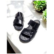 Resim Erkek Gerçek Deri Cırtlı Ayarlanabilir Ev Ve Dışarı Terliği Siyah 