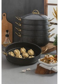 Resim Yunusoğlu Home 30 Cm 5 Katlı Granit Mantı Tenceresi 7.5 Litre, Cam Kapaklı, Orta Asya Yöresel Özel Tasarım Siyah 