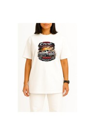 Resim Bahriyeli Collection Oversize Honda Civis 2000 Model Göğüs Baskılı Unisex T-shirt Beyaz 