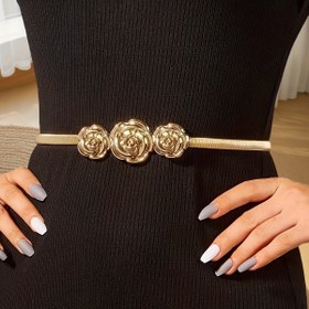Resim Kadınlar İçin Esnek Gül Altın Tonlu Çiçek Desenli Kemer - Retro Bohem Elastik Bel Kemeri, Günlük ve Resmi Etkinlikler için Siyah & Altın Renk 
