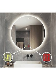 Resim 90 Cm Çap Buğu Çözücülü Dokunmatik Işıklı Ledli Yuvarlak Banyo Aynası 
