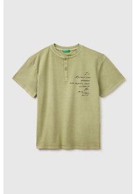 Resim United Colors Of Benetton Erkek Çocuk Haki Baskı Detaylı Düğmeli Yuvarlak Yaka T-shirt 6-14 Yaş -2852 
