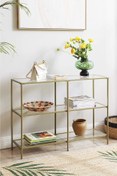 Resim tino furniture Dallas Gold Metal Dekoratif Cam Raflı Dresuar Konsol 