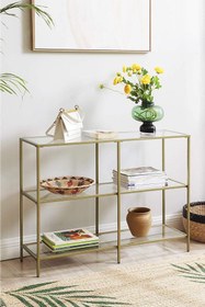 Resim tino furniture Dallas Gold Metal Dekoratif Cam Raflı Dresuar Konsol 