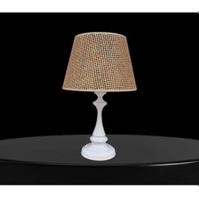Resim Faro Metal Abajur Beyaz Statik Boyalı Kahverengi Rattan Şapkalı Beyaz 