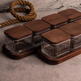 Resim Snippy Bella Kare 10 Parça Tepsili Ahşap Vakumlu Kapaklı Cam Kahvaltılık Çok Amaçlı Cam Çerezlik 230ML 