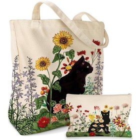 Resim Vkemall Güneşçiçeği Kedi Desenli Isı Transferli Kumaş Çanta Seti - 34x38 Büyük Çanta + Cep Boyutu Çanta, Dayanıklı Ve Çok Amaçlı Güneşgülü Ve Kediler 