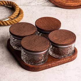 Resim Snippy Milla Kare Tepsili 4'lü Ahşap Vakumlu Kapaklı Cam Kahvaltılık Çok Amaçlı Cam Çerezlik 230 ml 