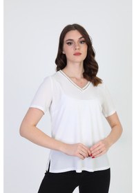 Resim Ella Camelia Kadın Yaka İşlemeli Bluz 9E013 Ekru 
