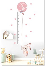 Resim Sevimli Balonlu Pembe Tavşan Boy Ölçer Çocuk Odası Duvar Sticker - 70x42 cm / Renkli / Boy Ölçer 
