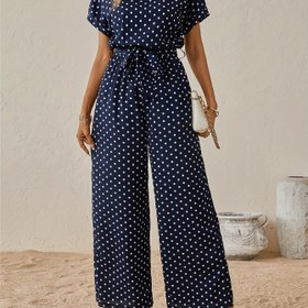 Resim Günlük tatil puantiyeli desenli, bel bağcıklı batwing düz paça tulum, ilkbahar/yaz/sonbahar için uygun, tatiller, seyahat ve günlük giyim için ideal 