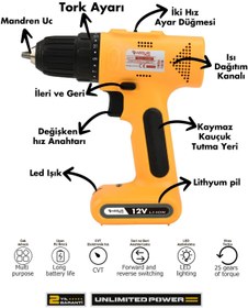 Resim ASSUR 12v Type-c USB Şarjlı Matkap Dahili Batarya Akülü Vidalama 