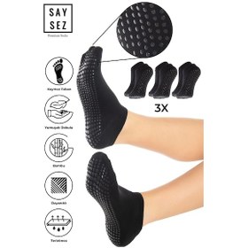 Resim Saysez Bambu Kadın Kaydırmaz Taban Siyah Silikon Baskı Pilates Yoga Fitness Dans Aktivite Patik Çorabı 3'lü Renkli 