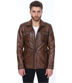 Resim Hakiki Deri Kahverengi Oxford Düğmeli Erkek Deri Ceket Siyah 